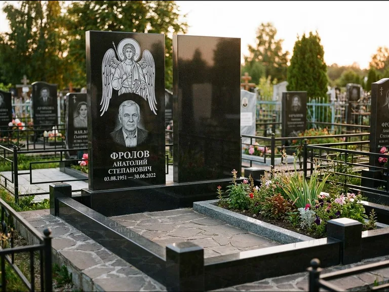 Памятник с гравировкой иконы: стела с резной рамкой вокруг иконы — Архангел Михаил на стеле, белая мраморная крошка с бордюром, работа «Богданова» в Белгороде