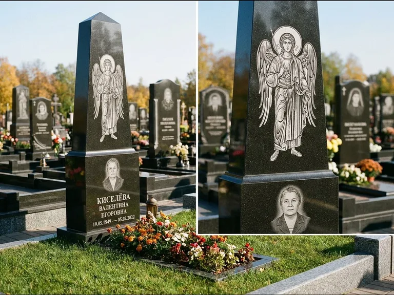 Памятник с гравировкой иконы: асимметричная скошенная стела — гравировка образа Спасителя, живая изгородь из кустарника, работа «Третьяков» в Белгороде