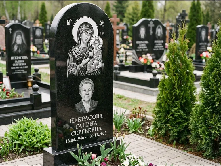 Памятник с гравировкой иконы: фигурная стела с киот-нишей под икону — икона в резной рамке-киоте, светлая гравийная отсыпка, работа «Журавлёв» в Белгороде