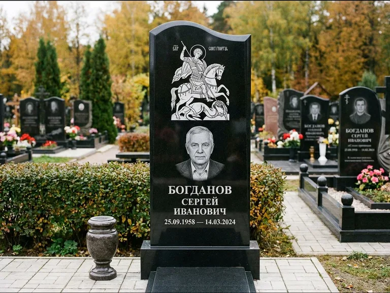 Памятник с гравировкой иконы: монументальный семейный мемориал из двух стел на общем цоколе — гравировка Николая Чудотворца, мощёная гранитная площадка без ограды, работа «Раевская» в Белгороде