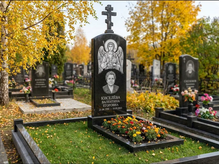 Памятник с гравировкой иконы — образ в полный рост на обороте стелы, работа «Гущин» в Белгороде