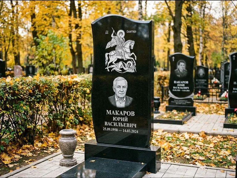 Памятник с гравировкой иконы — икона над портретом усопшего, работа «Раевская» в Белгороде