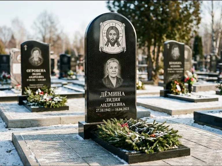 Памятник с гравировкой иконы — икона Спаса Вседержителя над именем усопшего, работа «Ковалёв» в Белгороде