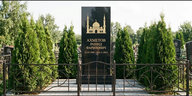 Гравировка мечети на памятник в Белгороде — стела из чёрного гранита, оформление по канонам ислама