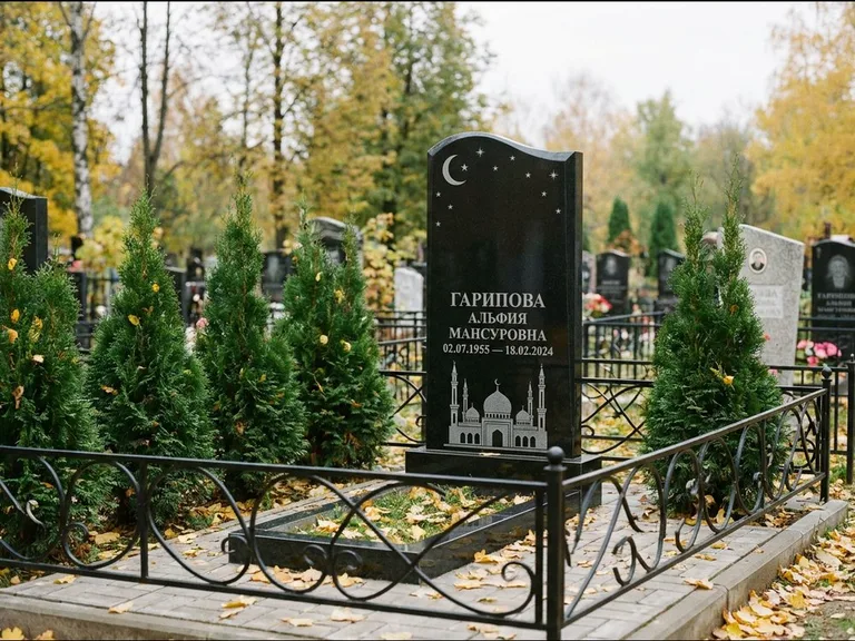 Мусульманский памятник с гравировкой мечети — мечеть с луной в ночном небе, работа «Гарипова» в Белгороде