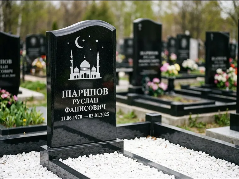 Мусульманский памятник с гравировкой мечети: стела с волнообразным скошенным верхом — гравировка мечети под полумесяцем и звёздами, белая мраморная крошка с бордюром, работа «Шарипов» в Белгороде