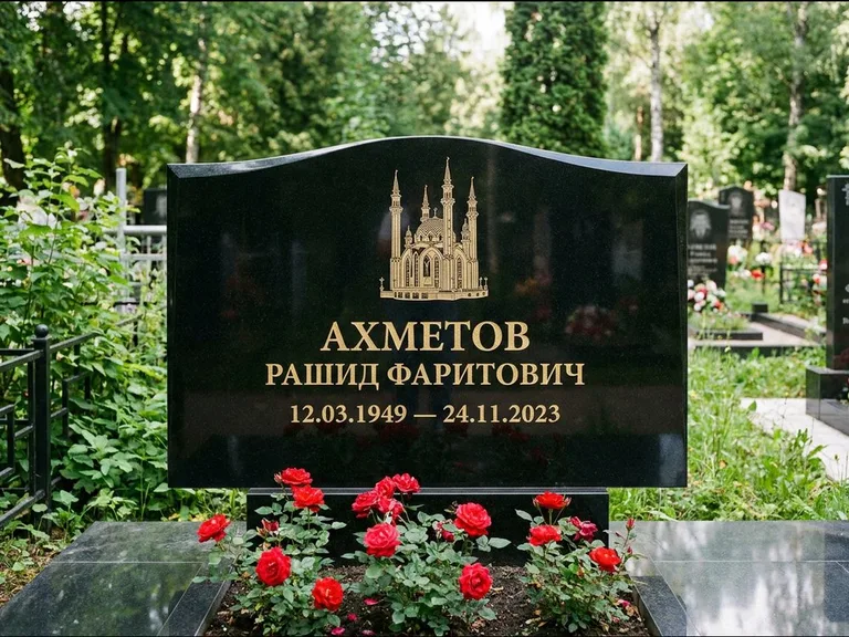 Мусульманский памятник с гравировкой мечети: широкая двойная семейная стела — золочёная гравировка мечети, цветник с красными розами, работа «Ахметов» в Белгороде