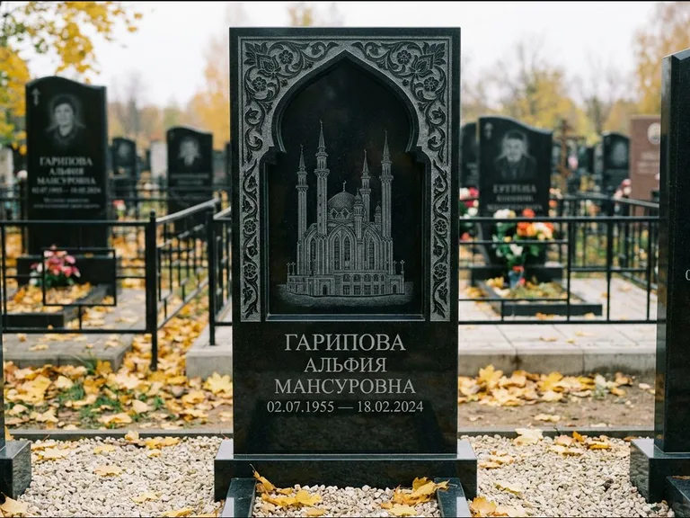 Мусульманский памятник с гравировкой мечети: фигурная стела с михраб-нишей — гравировка мечети в михраб-арке с орнаментом, светлая гравийная отсыпка, работа «Гарипова» в Белгороде
