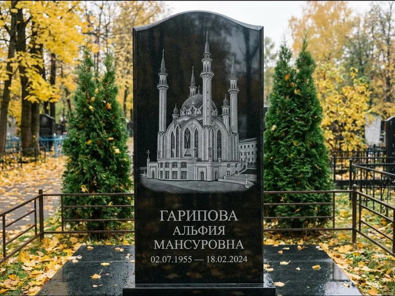 Мусульманский памятник с гравировкой мечети — мечеть Кул-Шариф на обороте стелы, работа «Гарипова» в Белгороде
