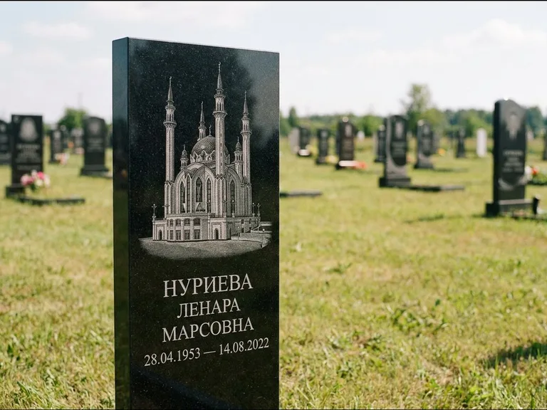 Мусульманский памятник с гравировкой мечети: узкая вертикальная стела-пилон — гравировка мечети в михраб-арке с орнаментом, открытая лужайка без ограды, работа «Хайруллина» в Белгороде
