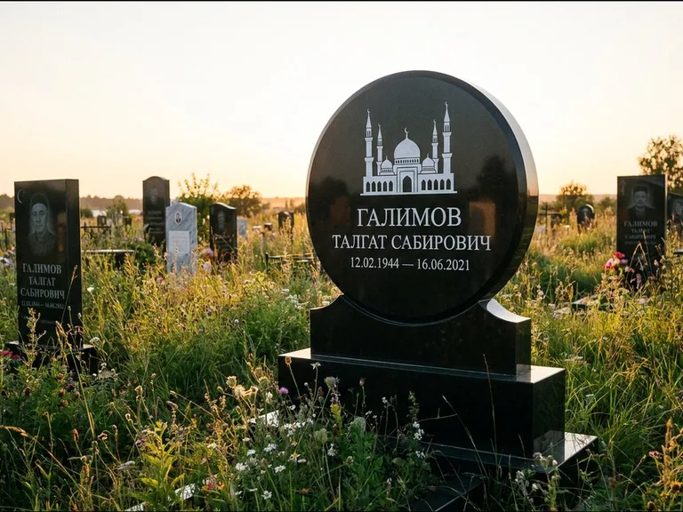 Мусульманский памятник с гравировкой мечети: округлая стела-медальон на тумбе — гравировка мечети в михраб-арке с орнаментом, луговые травы и полевые цветы, работа «Каримов» в Белгороде