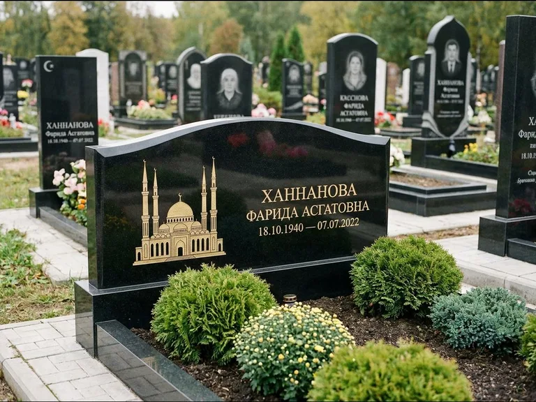 Мусульманский памятник с гравировкой мечети: вытянутая горизонтальная семейная стела с аркой — белая гравировка силуэта мечети с минаретами, участок с декоративными кустами, работа «Гарипова» в Белгороде