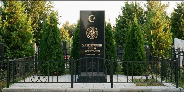Гравировка на мусульманском памятнике в Белгороде — стела из чёрного гранита, оформление по канонам ислама