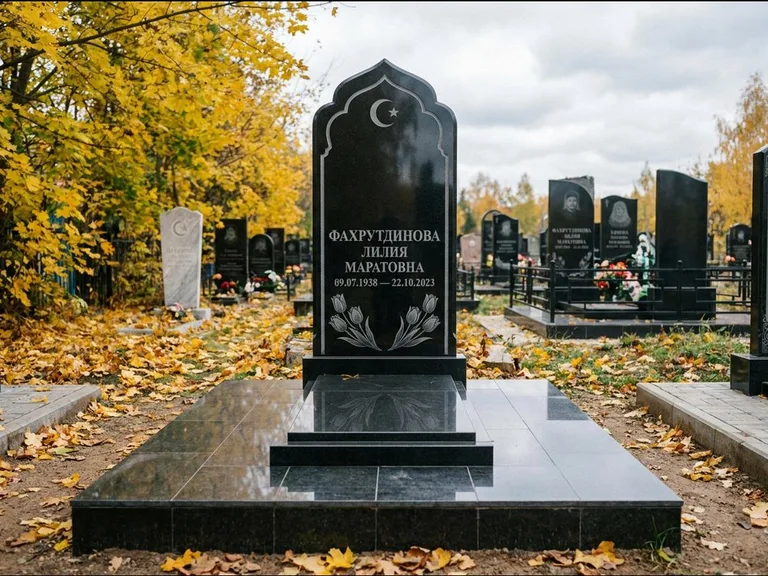 Мусульманский памятник: стела с михраб-навершием в форме арки — гравировка минарета с полумесяцем, гранитный цоколь с тёмной плиткой, работа «Фахрутдинова» в Белгороде
