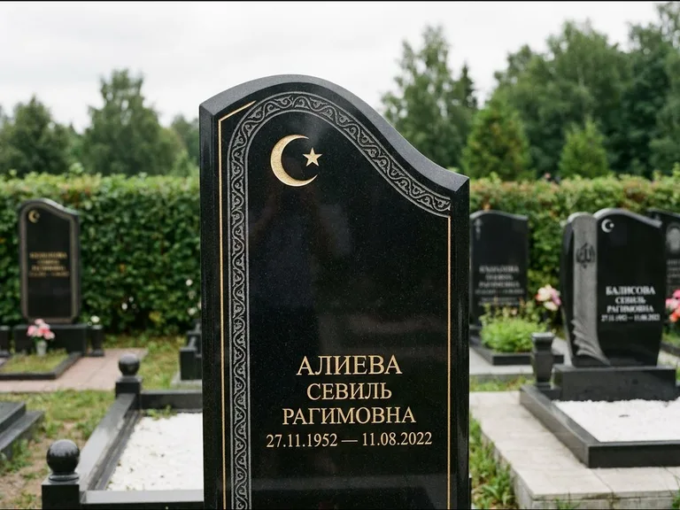 Мусульманский памятник: асимметричная скошенная стела — белая гравировка силуэта мечети с минаретами, живая изгородь из кустарника, работа «Алиева» в Белгороде