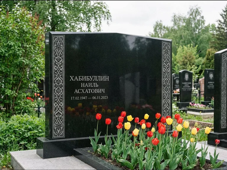 Мусульманский памятник: широкая двойная семейная стела — золочёная гравировка мечети, цветник с тюльпанами, работа «Хабибуллин» в Белгороде