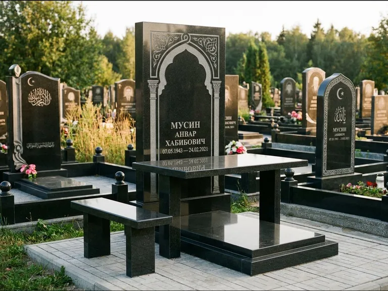 Мусульманский памятник: стела с гранитным столиком и скамьёй — гравировка мечети под полумесяцем и звёздами, семейный участок с плиткой, работа «Гимаев» в Белгороде