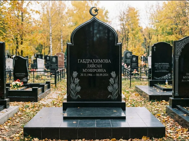 Мусульманский памятник: массивная стела с михраб-навершием — белая гравировка силуэта мечети с минаретами, цоколь тёмной плиткой, работа «Магомедова» в Белгороде