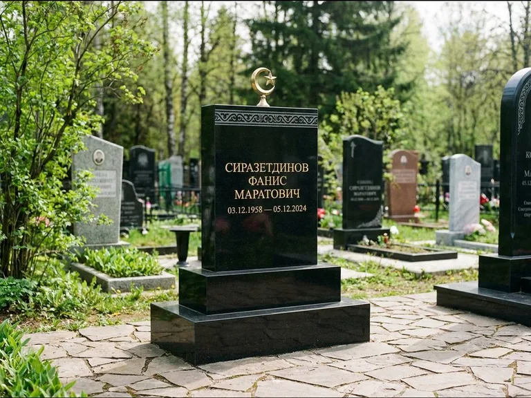 Мусульманский памятник: ступенчатая трёхуровневая стела — золочёная гравировка мечети, дорожка из природного плитняка, работа «Мустафин» в Белгороде