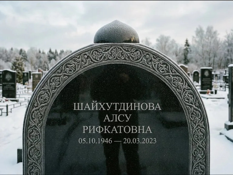 Мусульманский памятник: полукруглая стела с купольным навершием — гравировка мечети под полумесяцем и звёздами, заснеженный зимний участок, работа «Ганиева» в Белгороде