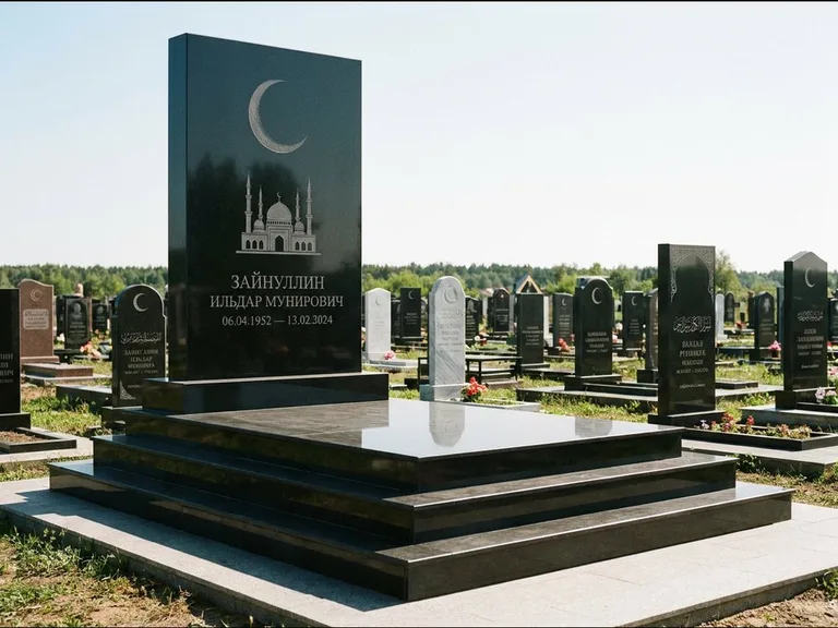 Мусульманский памятник: массивная стела на ступенчатом постаменте — гравировка мечети под полумесяцем и звёздами, гранитная площадка без ограды, работа «Хабибуллин» в Белгороде