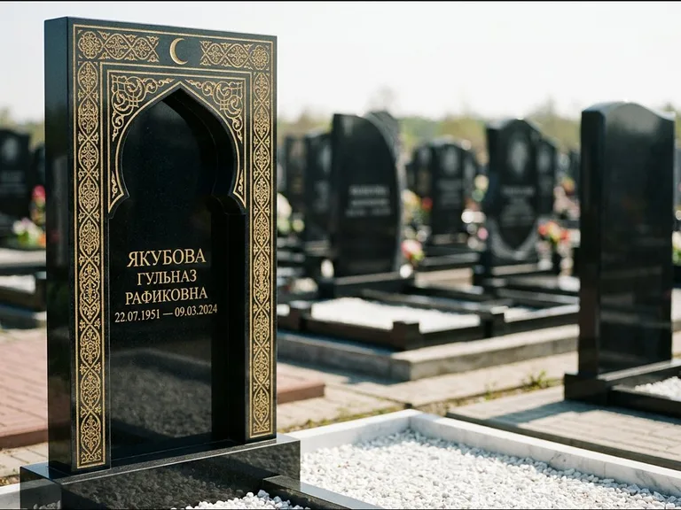 Мусульманский памятник: стела в форме михраба с глубокой нишей и золочёным орнаментом — детализированная гравировка мечети Кул-Шариф, участок с белой мраморной крошкой, работа «Мустафин» в Белгороде
