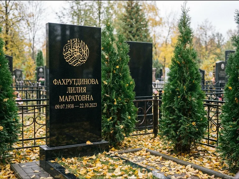Мусульманский памятник — шахада в верхней части стелы, работа «Фахрутдинова» в Белгороде