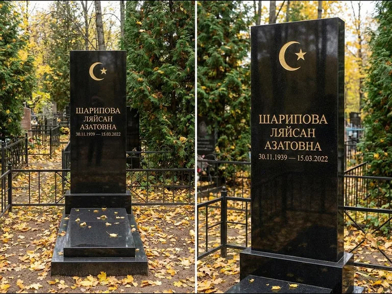 Памятник с гравировкой полумесяца — золочёная гравировка полумесяца со звездой в верхней части с, работа «Шарипова» в Белгороде