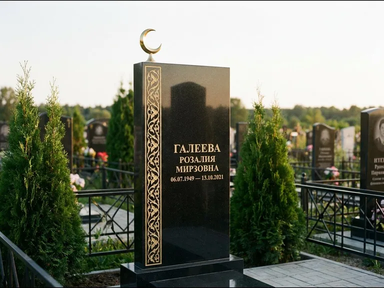 Памятник с гравировкой полумесяца — золочёный полумесяц и колонна растительного орнамента-ислими, работа «Галеева» в Белгороде