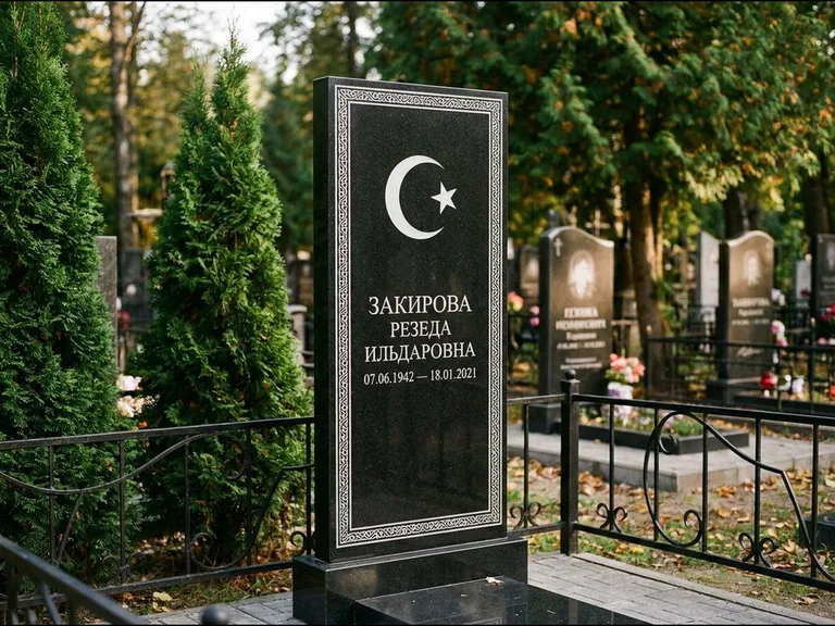 Памятник с гравировкой полумесяца — строгая белая гравировка полумесяца со звездой и орнаменталь, работа «Закирова» в Белгороде