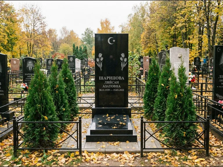 Памятник с гравировкой полумесяца — гравировка полумесяца со звездой и тюльпанами по бокам, работа «Шарипова» в Белгороде