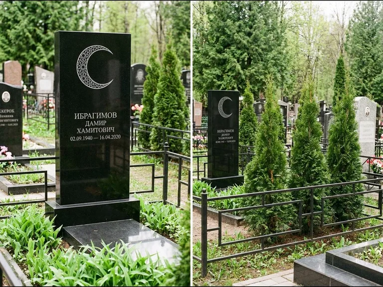 Памятник с гравировкой полумесяца — гравировка полумесяца в геометрическом орнаменте-гирихе, работа «Ибрагимов» в Белгороде