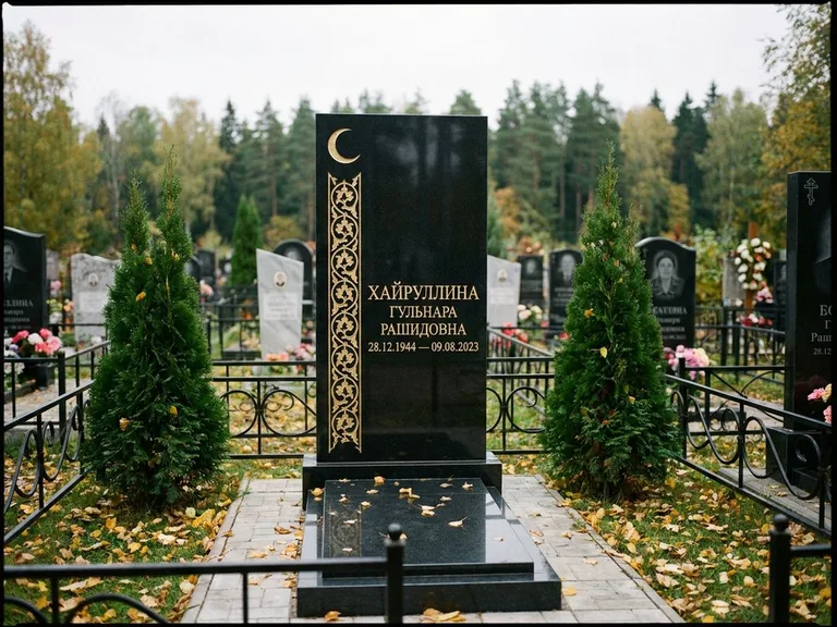 Памятник с гравировкой полумесяца — золочёный полумесяц и колонна растительного орнамента-ислими, работа «Хайруллина» в Белгороде