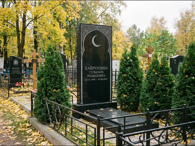 Памятник с гравировкой полумесяца — гравировка полумесяца в восточной арке с орнаментом, работа «Хайруллина» в Белгороде