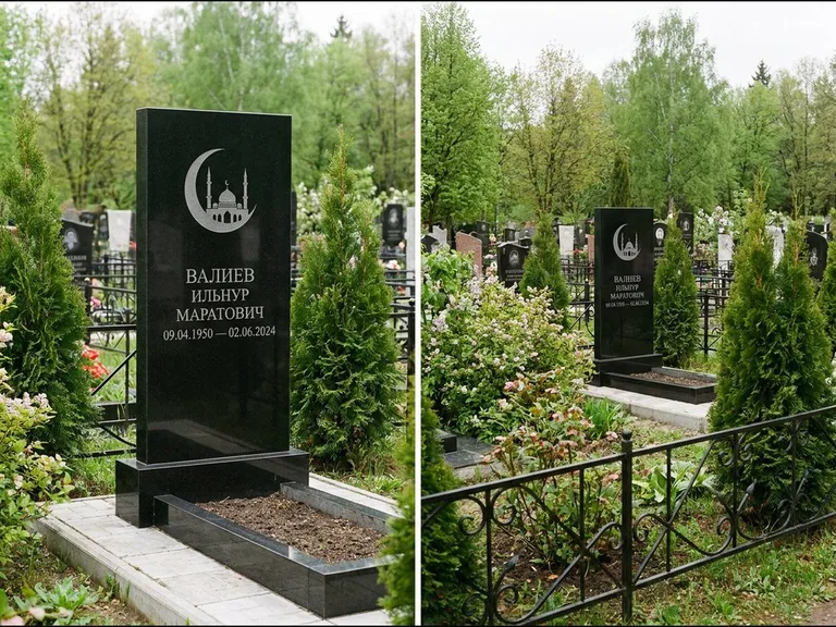 Памятник с гравировкой полумесяца — гравировка полумесяца над силуэтом мечети, работа «Валиев» в Белгороде