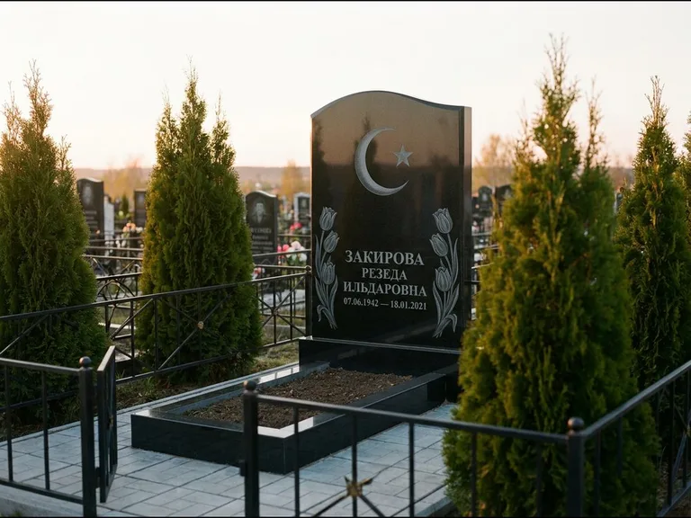 Памятник с гравировкой полумесяца — гравировка полумесяца со звездой и тюльпанами по бокам, работа «Закирова» в Белгороде