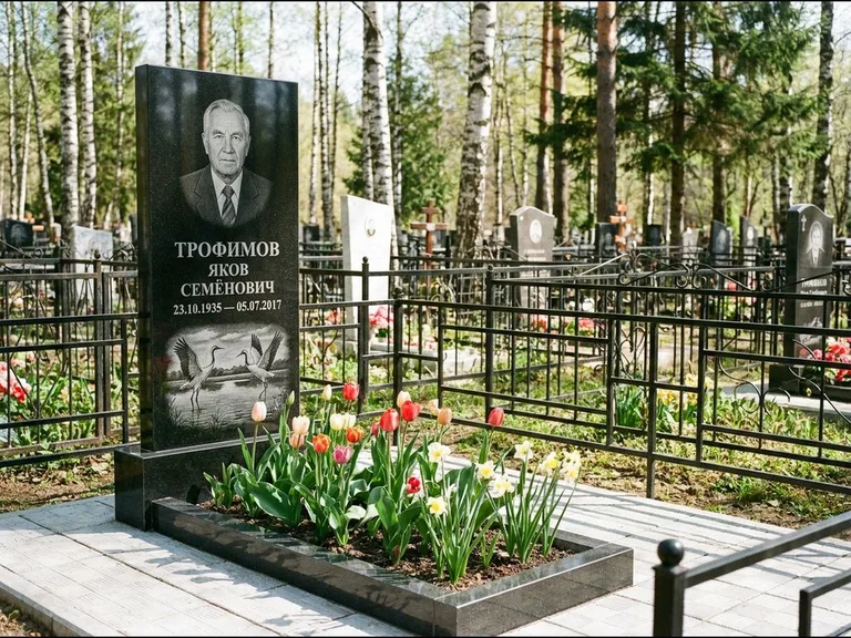 Памятник с гравировкой журавлей — гравировка пары журавлей над гладью озера в нижней части, работа «Трофимов» в Белгороде