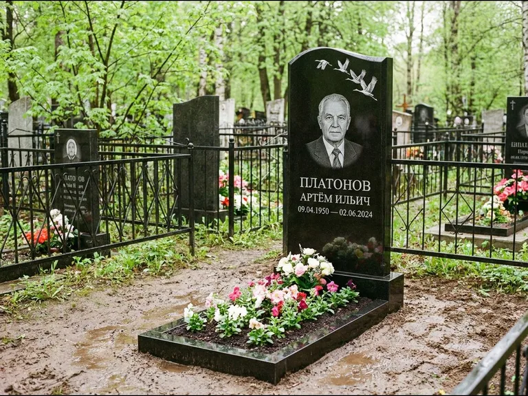 Памятник с гравировкой журавлей — белая гравировка клина журавлей, уходящего в верхний угол ст, работа «Платонов» в Белгороде