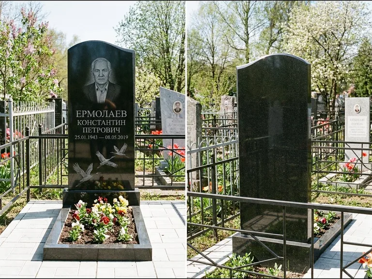 Памятник с гравировкой журавлей — гравировка трёх журавлей по диагонали через свободное поле с, работа «Ермолаев» в Белгороде