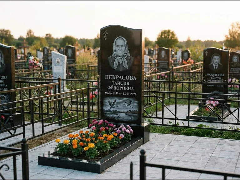 Памятник с гравировкой журавлей — гравировка пары журавлей над гладью озера в нижней части, работа «Некрасова» в Белгороде