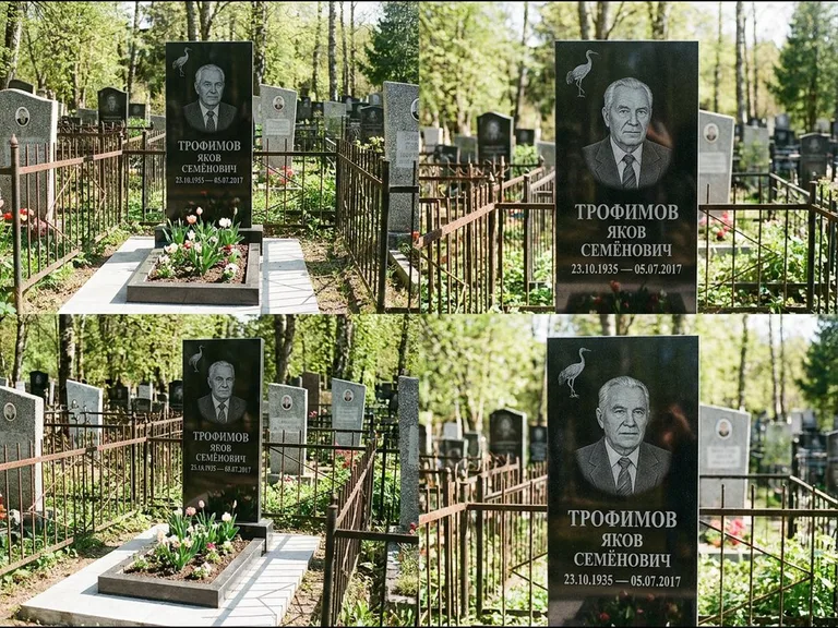 Памятник с гравировкой журавлей — гравировка одиночного летящего журавля над портретом, работа «Трофимов» в Белгороде