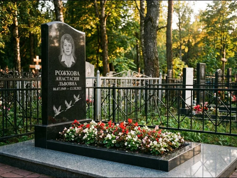 Памятник с гравировкой журавлей — гравировка трёх журавлей по диагонали через свободное поле с, работа «Рожкова» в Белгороде