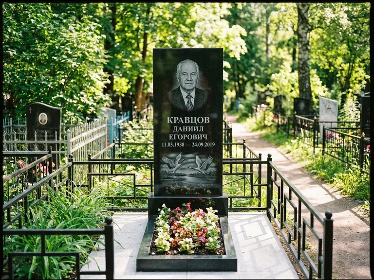 Памятник с гравировкой журавлей — гравировка пары журавлей над гладью озера в нижней части, работа «Кравцов» в Белгороде