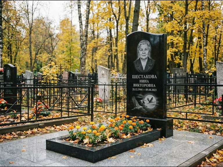 Памятник с гравировкой журавлей — гравировка клина журавлей на фоне солнечного диска, работа «Шестакова» в Белгороде