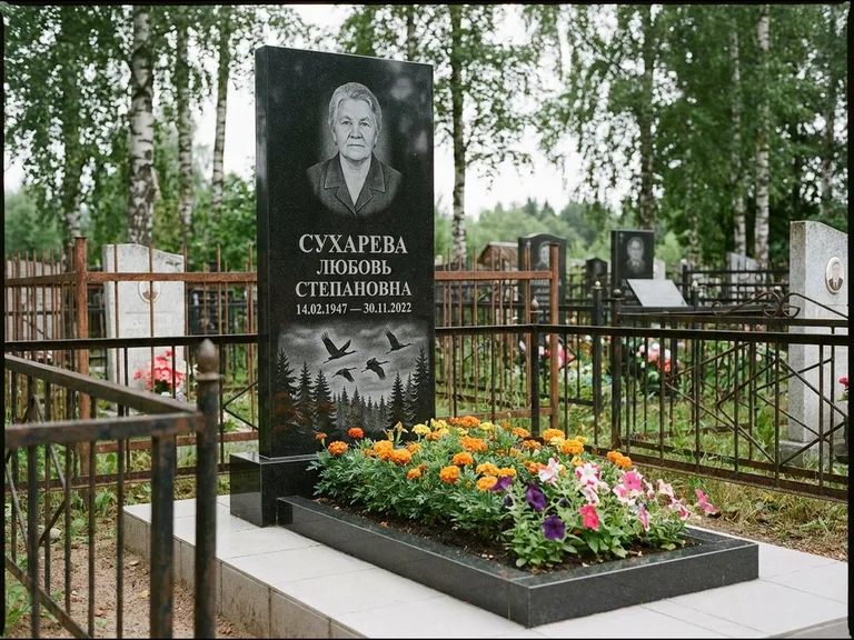 Памятник с гравировкой журавлей — гравировка силуэтов журавлей над еловым лесом, работа «Сухарева» в Белгороде