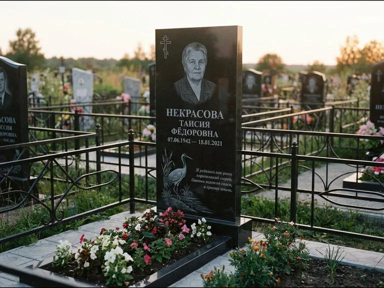 Памятник с гравировкой журавлей — гравировка журавля у камышей рядом с эпитафией, работа «Некрасова» в Белгороде