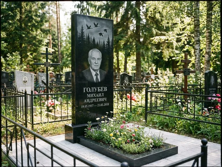 Памятник с гравировкой журавлей — гравировка силуэтов журавлей над еловым лесом, работа «Голубев» в Белгороде