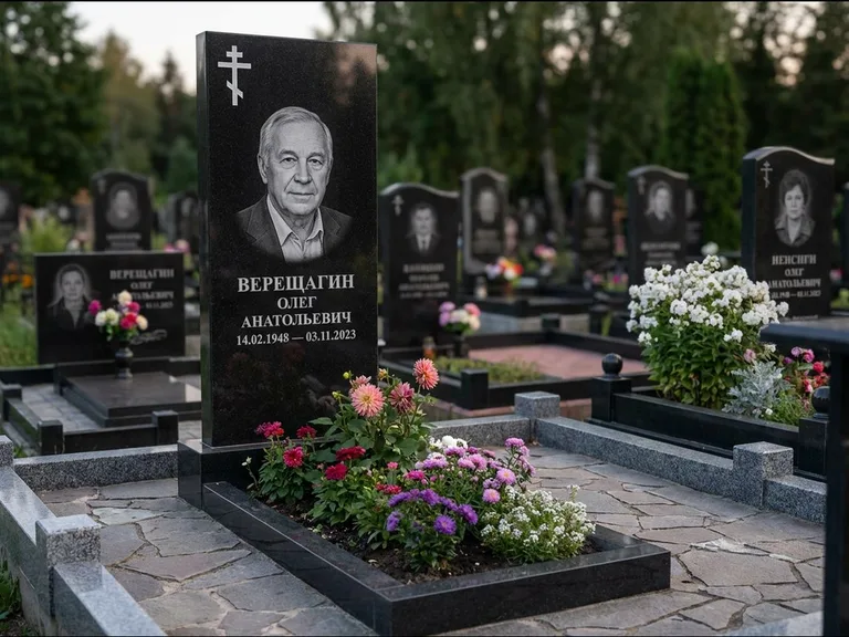 Памятник из чёрного гранита — горизонтальная плита-стела с православным восьмиконечным крестом, работа «Тихонов» в Белгороде