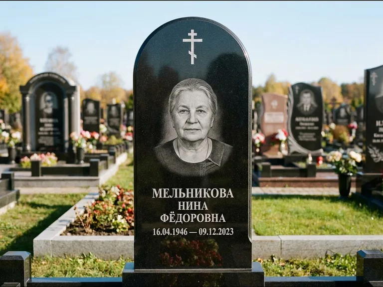 Памятник из чёрного гранита — стела с резным навершием с латинским крестом, работа «Савельева» в Белгороде