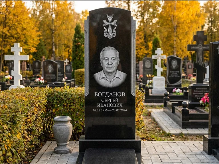 Памятник из чёрного гранита — круглая стела-медальон с армянским хачкаром, работа «Ковалёв» в Белгороде